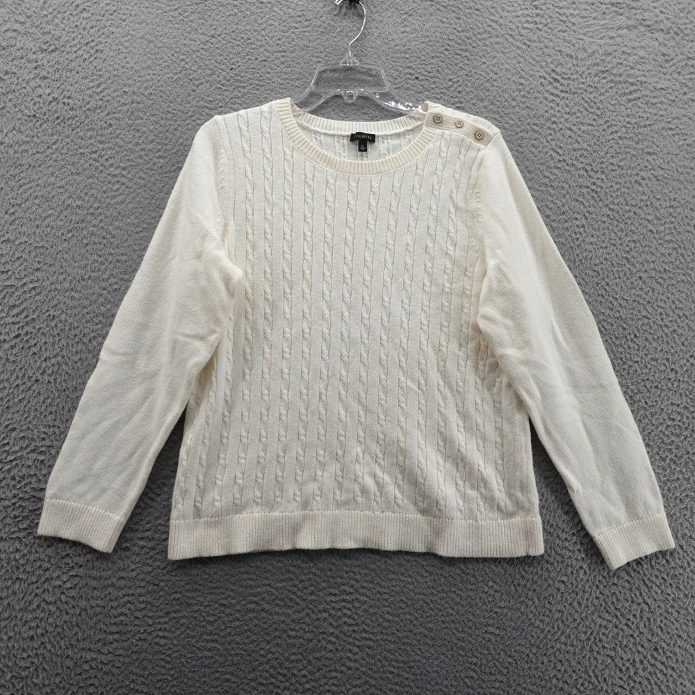 Talbots Womens XL Ivory Cable Knit Shoulder Button‎ Crew Neck Sweater Pullover
